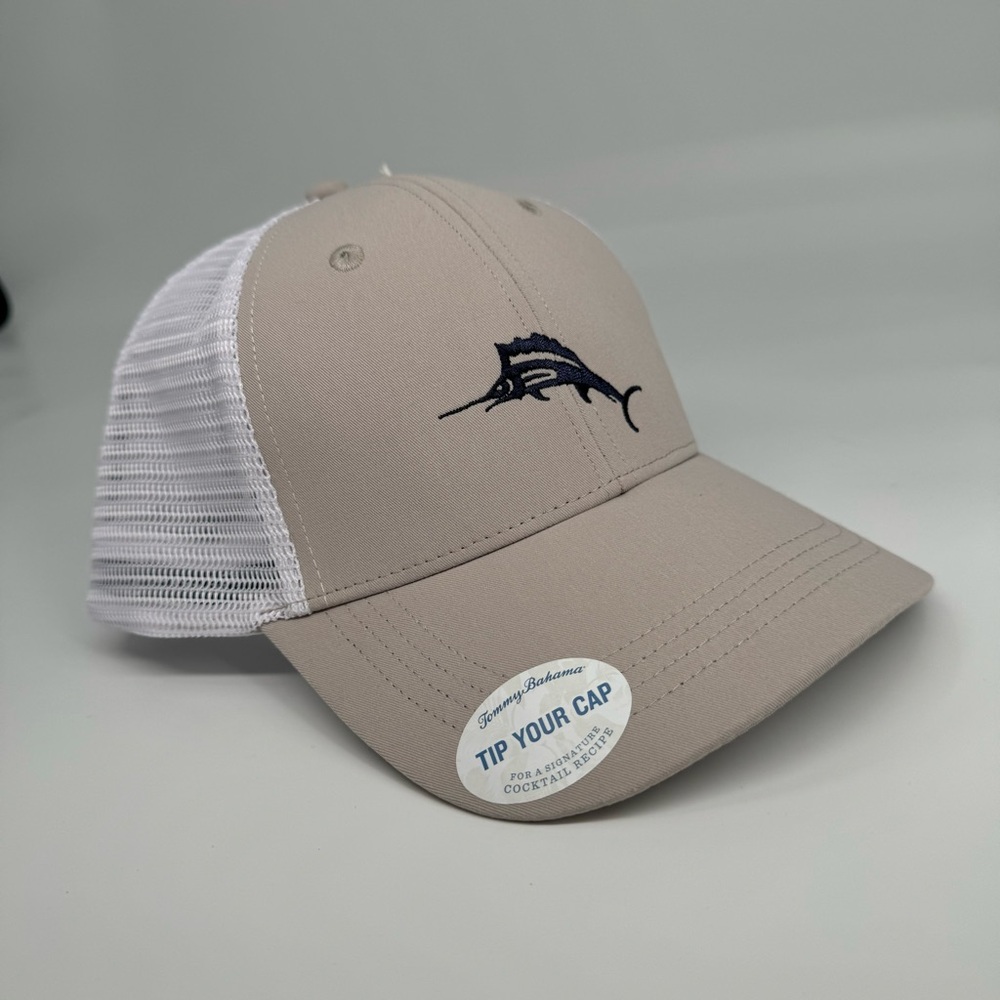 Tommy Bahama Mens “Tip Your Cap” Marlin Logo Trucker‎ Hat Khaki White Black NWT